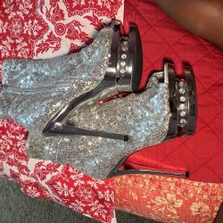 Pleaser 8” Silver Sequin Platform Heels – Gently Used, Glam Performance Boots ✨