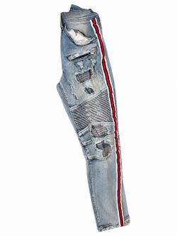 (Preme) light blue-white-red slim fit jeans.