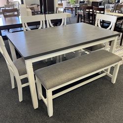 Grey And White Dining Set With 4 Chairs And Bench 