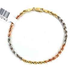 14Kt Tri Color Gold 7” Solid Rope Bracelet 5.85g 3mm 191014/3