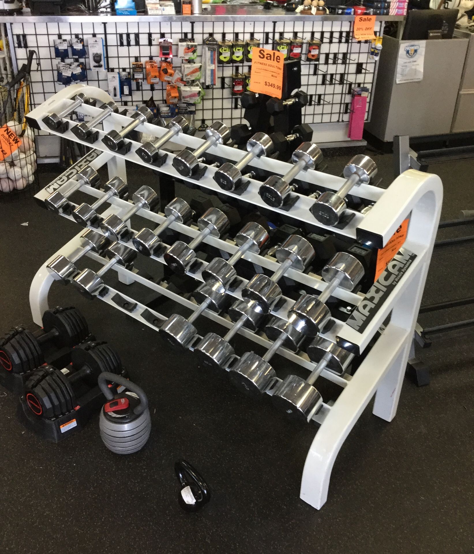 Chrome Dumbbell Set 3-50 Lbs with full commercial maxicam 3 tier rack