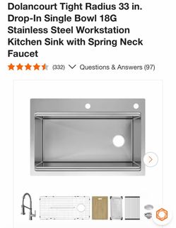 Dolancourt Tight Radius 33 in. Drop-In Single Bowl 18G Stainless Steel Workstation Kitchen Sink with Spring Neck Faucet