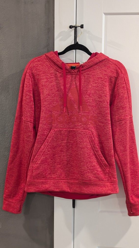 Adidas Womens Climawarm Hoodie Red Space Dye Spell Out Drawstring Long Sleeve M