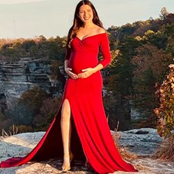 XL Wine Red Elegant Fitted Maternity Gown Side Split Off Shoulder Long Sleeve Maxi Photography Dress Baby Shower
