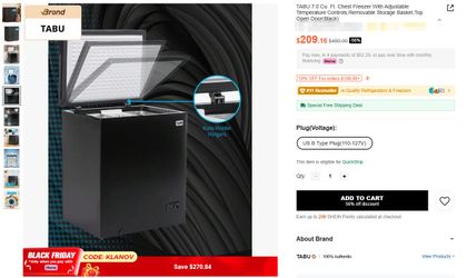 TABU 7.0 Cu. Ft. Chest Freezer With Adjustable Temperature Controls,Removable Storage Basket,Top Open Door(Black)