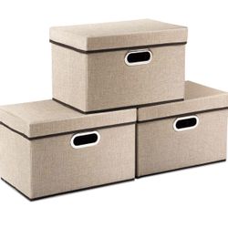 Collapsible Storage Cubes with Lids [3-Pack] Jute Fabric Foldable Storage Boxes Organizer Containers Baskets Bins with Cover for Home Bedroom Closet O