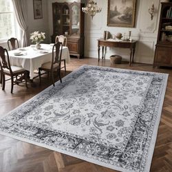 Zentavio 9x12 Washable Area Rugs, Vintage Non-Slip Floral Living Room Rug, Indoor Foldable Floor Thi