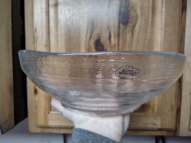 Large blenko handcrafted In USA Clear Swirl Bowl. Has Original sticker attached.