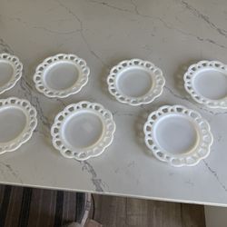 7 Milk Glass Lace Plates