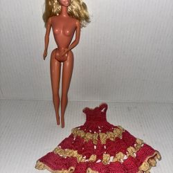 Vintage Barbie Doll Handmade Crocheted pink / gold
