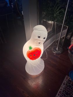 Ghost Pumpkin 🎃 Jack-O-Lantern Lighted Halloween Blow Mold - plastic outdoor decoration - Vintage 33" tall By W/ Cord