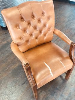 Orange, Brown Masculine Office, Living Room Chair with Wooden Arms, Legs