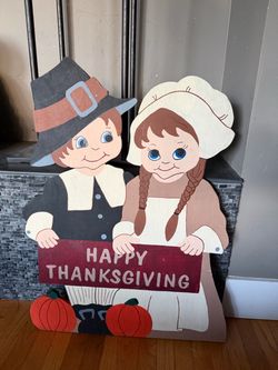 Happy Thanksgiving Pilgrims Wooden Yard or Door Art