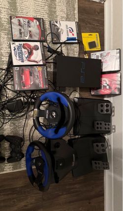 PS2 Racing Bundle – 2 Steering Wheels, Pedals, Games & Console
