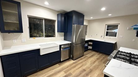 Shaker Cabinets And Quartz Counter Top Blue, White, Light Gray