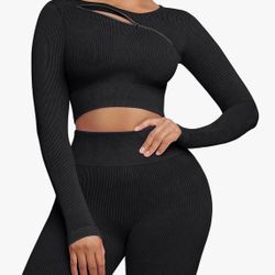 FeelinGirl Seamless Workout Sets for Women Ribbed Outfits 2 Piece Seamless Long Sleeve Crop Tops High Waist Leggings