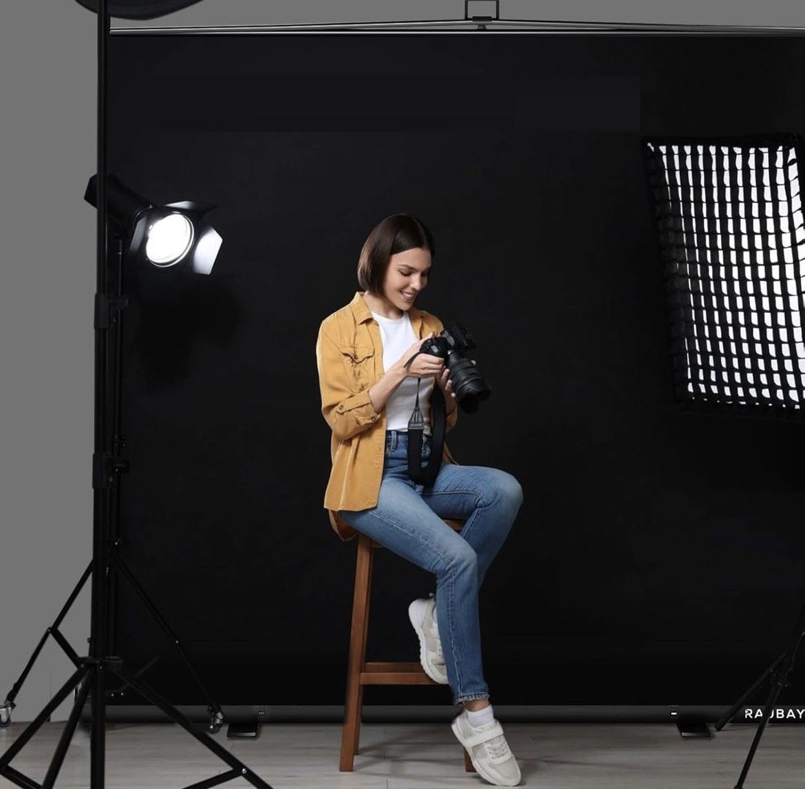 RAUBAY 78.7 x 82.7in Large Collapsible Black Backdrop Screen Portable Retractable Panel Photo Background with Stand for Video Conference, Photographic