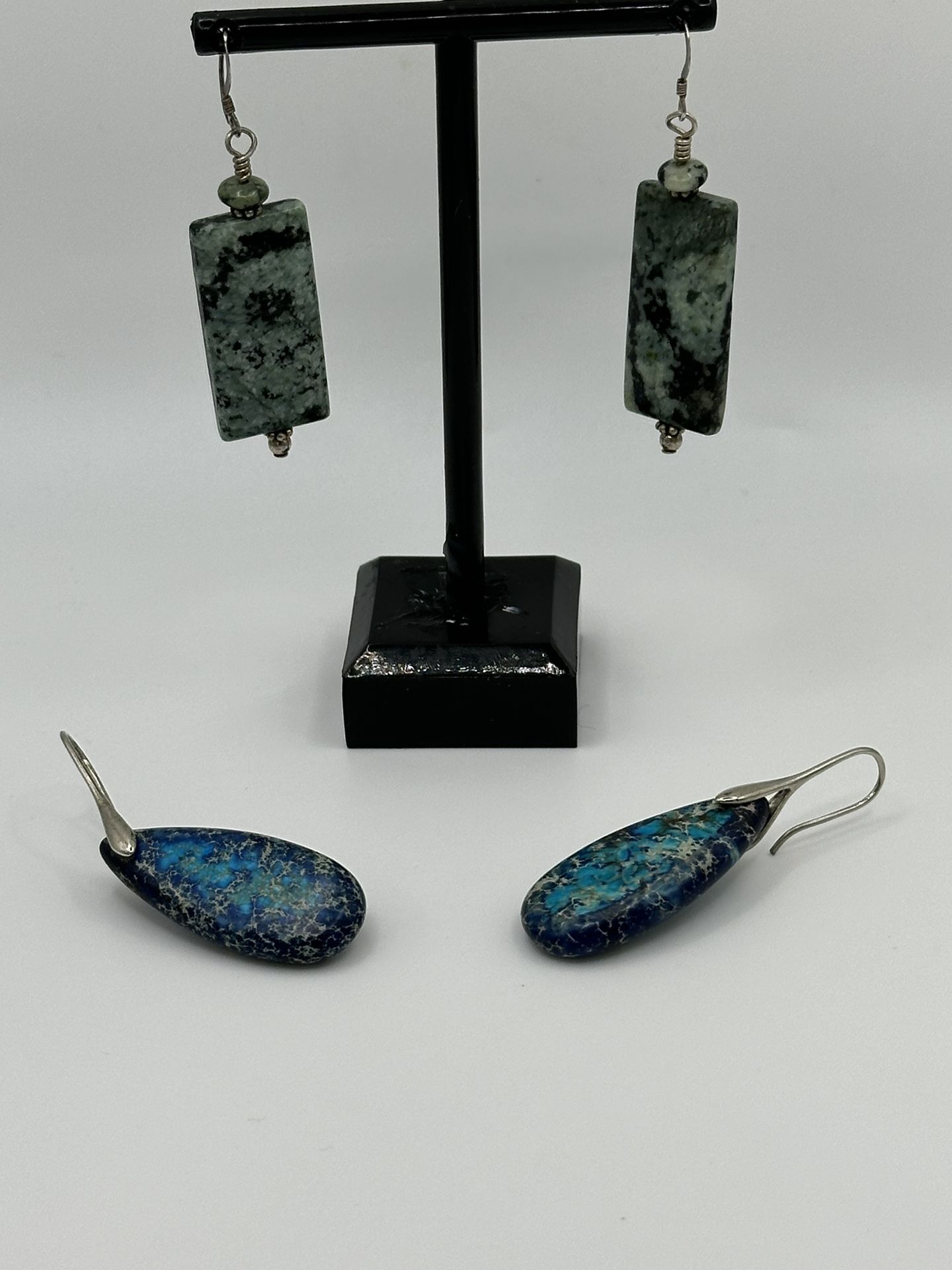 Lot Of 2 Pair Earrings Both Sterling Silver Wires 1 Sea Jasper 2 Resin Shark Tooth Dangle Earrings In Great Condition 