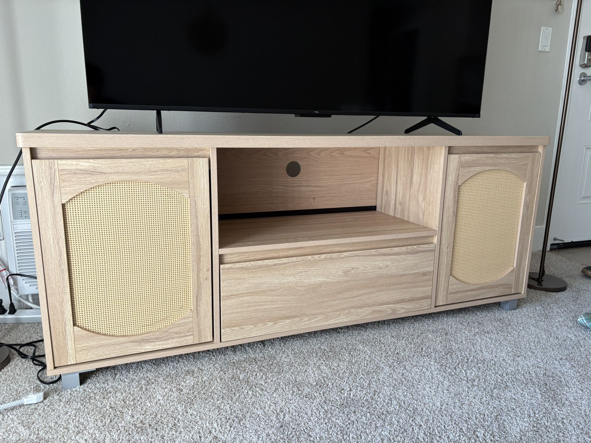 Boho TV Stand for 65 inch TV, Rattan Entertainment Center with Doors and Adjustable Shelves, Bohemian TV Console with Storage for Living Room/Bedroom