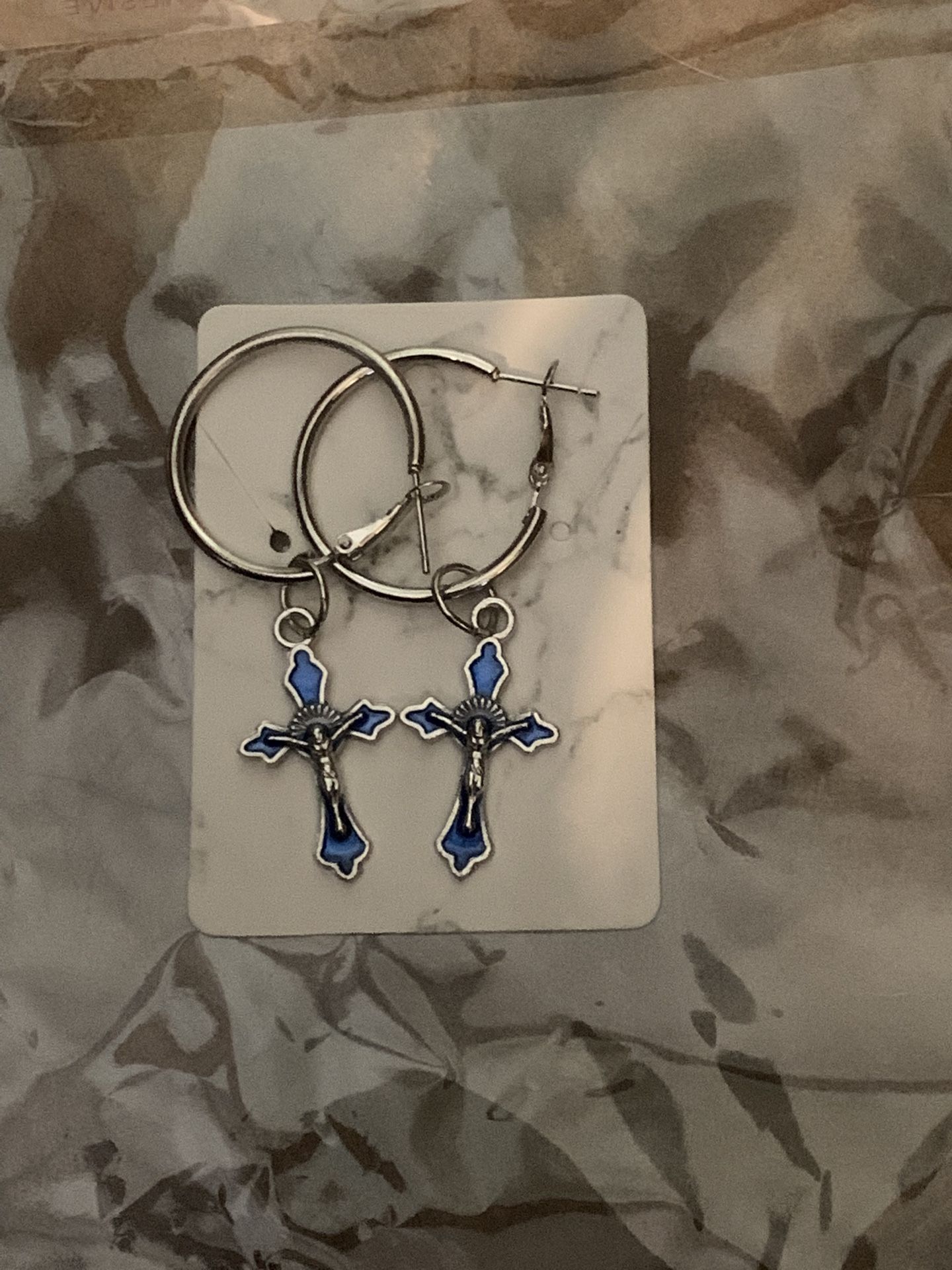 Blue Cross Hoop Earrings