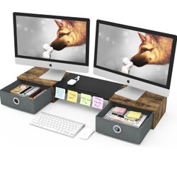 WESTREE Dual Monitor Stand Riser with Two Drawers, Extra Large Storage Monitor Stand for 2 Monitors, Desktop Organizer Stand Storage for Computer,Lapt
