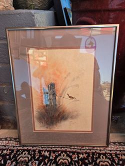 A rustic-style watercolor painting depicting a small bird perched on a wire next to a textured wooden post.