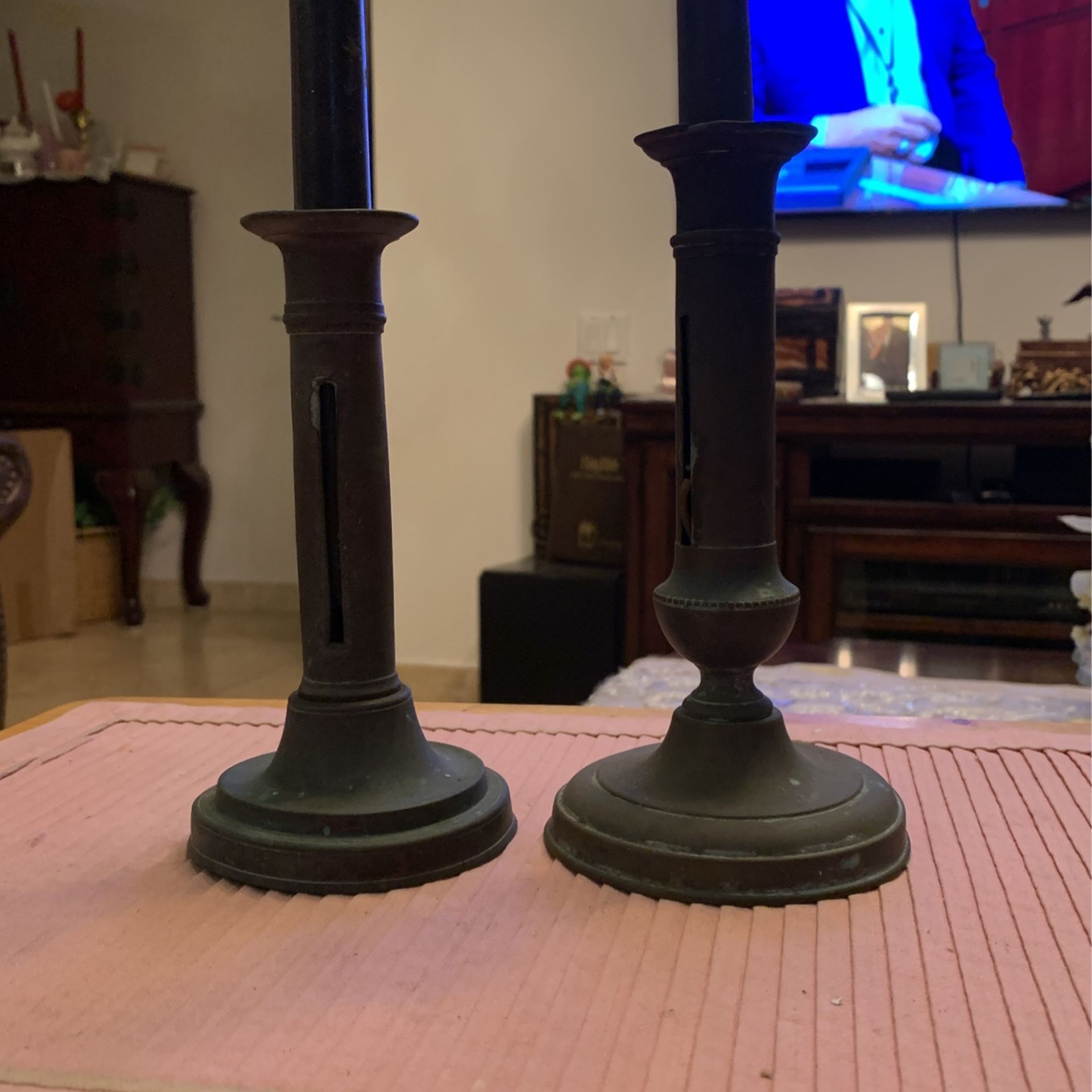 Pair of adjustable pewter candlesticks 19th Century-looks Like Cast Iron Or Brass Need Polishing