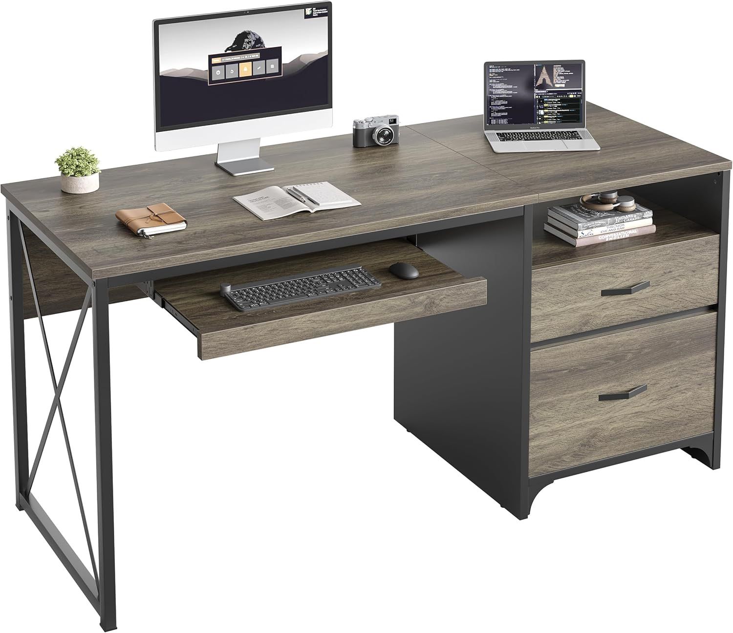Bestier Office Desk with Drawers 55 inch Industrial Computer Desk with Storage Wood Teacher Desk with Keyboard Tray & File Drawer for Home Office D