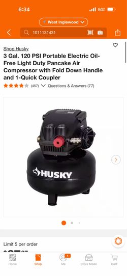 Husky 3 Gal. 120 PSI Portable Electric Oil-Free Light Duty Pancake Air Compressor with Fold Down Handle and 1-Quick Coupler