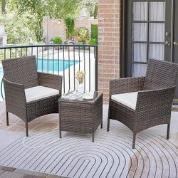 New 3 Pieces Patio Porch Furniture Sets PE Rattan Wicker Chairs with Table Outdoor Garden Furniture Sets  New in box T LCRF700A/BY3-BR-BH             