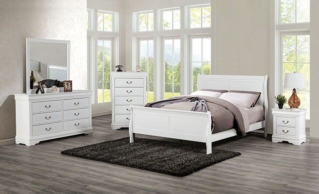 White Queen 4 Piece Bedroom Set- Queen Bed, Nightstand, Dresser & Mirror