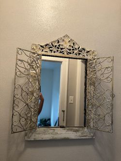 Wrought Iron/Wood Mirror & Small Entry Storage Table Plant Stand  Wooden Shelf Set Rustic Grandma Core Shabby