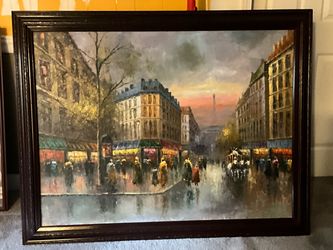 Framed Paris Street Scene Oil Painting