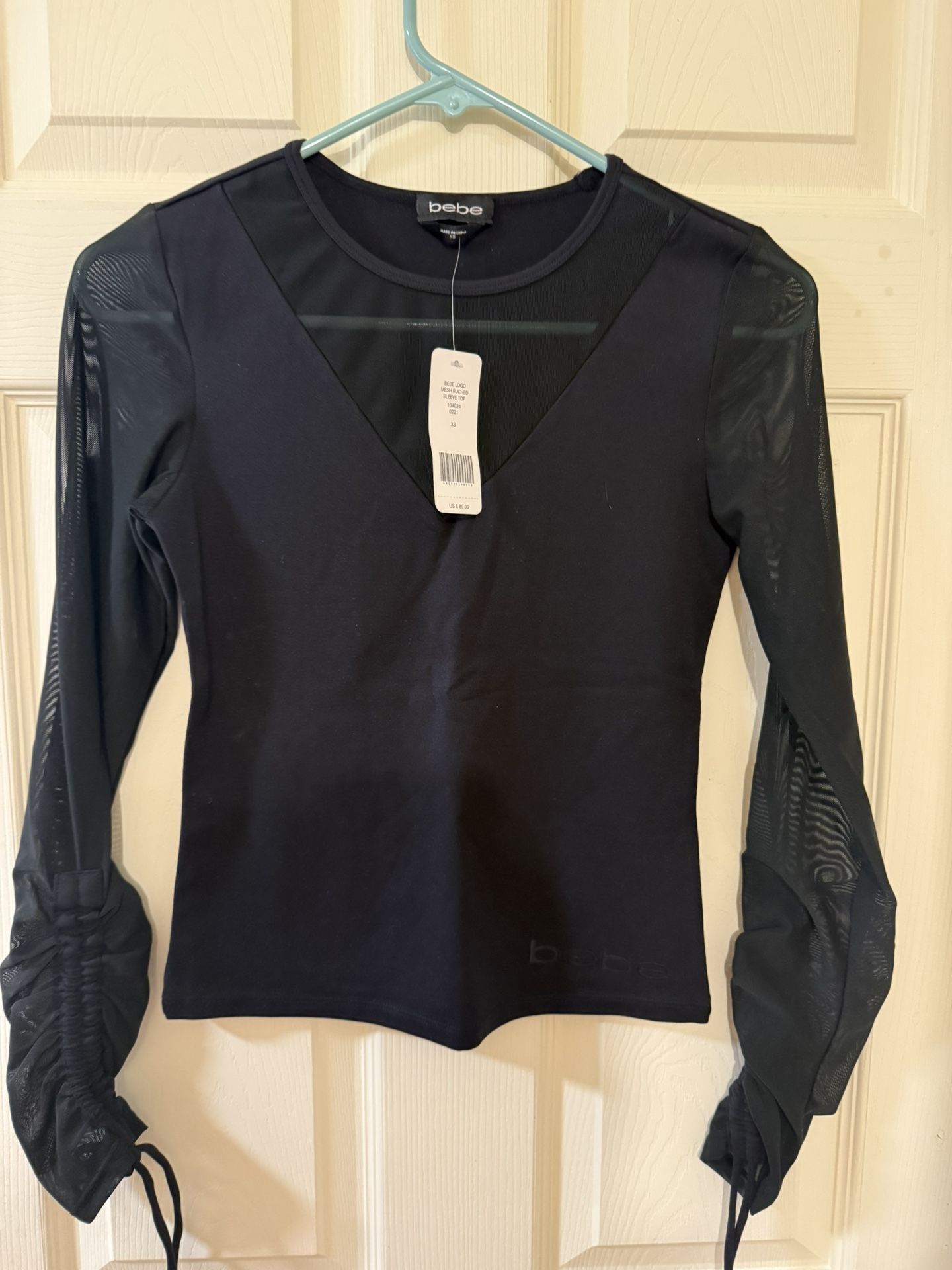 Bebe Logo Mesh Rushed Sleeve Top(New With Tag)— Size:XS
