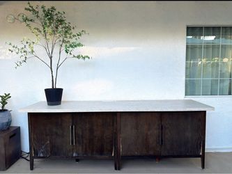 Mid-Century Style Wooden Sideboard with Marble Effects Laminate Top with Built In Outlets