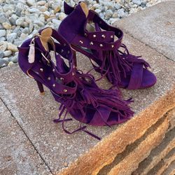 Purple Suede Studded Heel With Fringe 