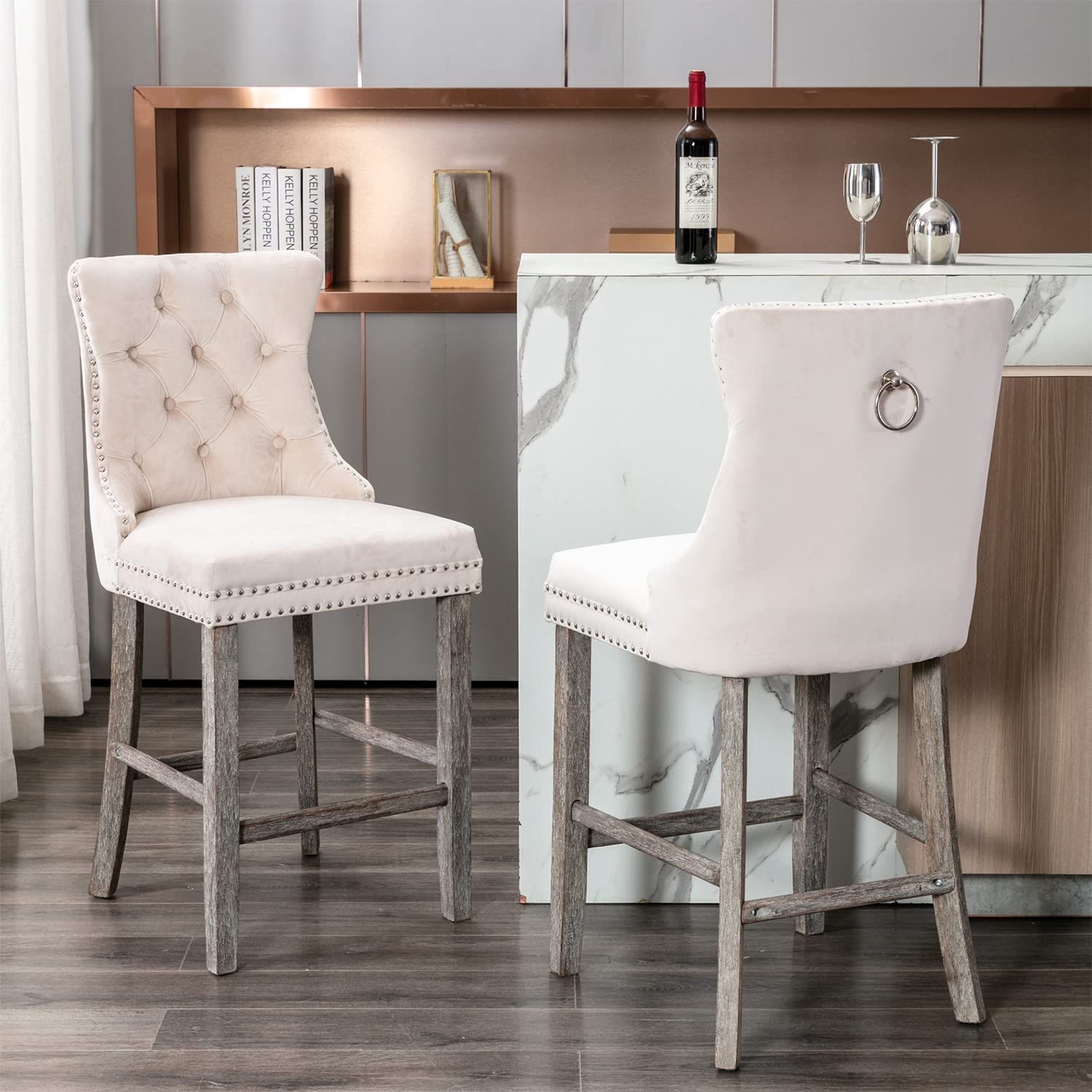 Counter Height Bar Stools Set of 2, 27" Wingback Velvet Bar Stools with Button Back