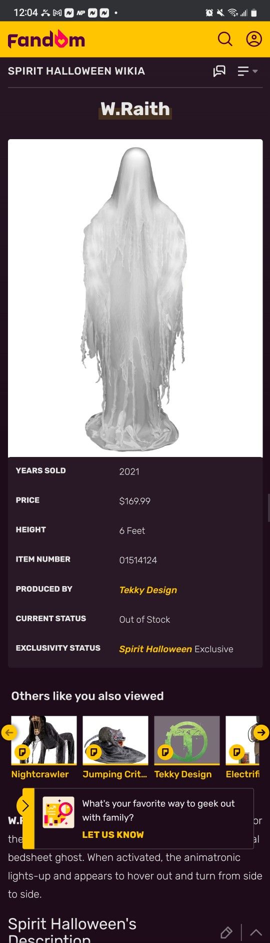 2021 Spirit Halloween Halloween Prop 6 Ft W.Raith Animatronic for Sale