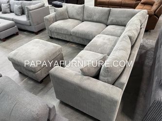Easy Financing Available! Light Grey Sectional Sofa And Ottoman, Sectionals, Sofa, Couch, Grey Couch, Grey Sofa, L-Shaped Sofa, Plush Sectional Couch,