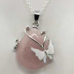 Natural Rose Quartz Butterfly Silver Necklace 