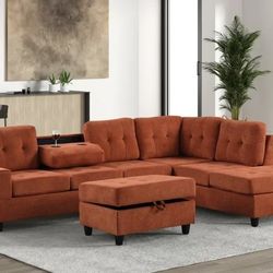 Orange Fabric Sectional With Ottoman 
