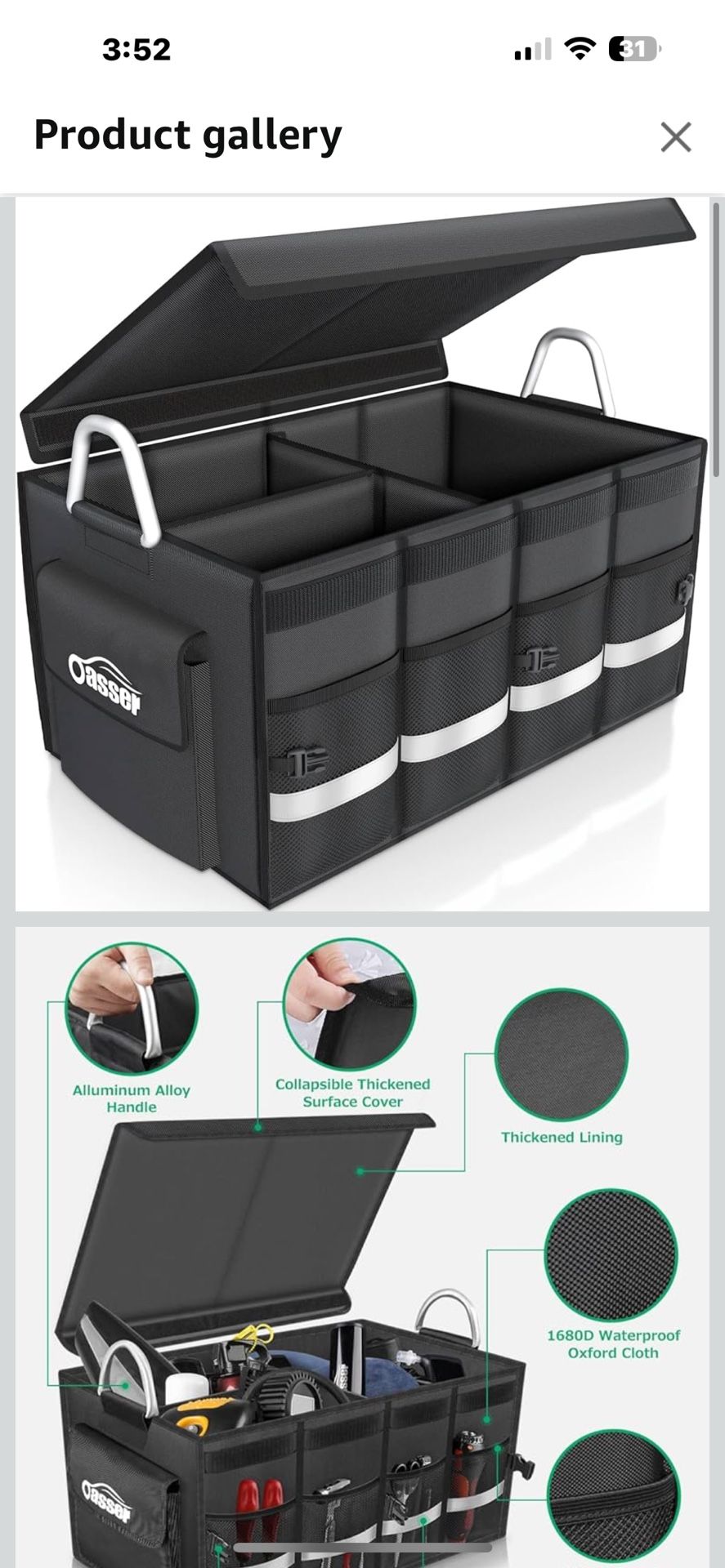 Oasser Trunk Organizer Cargo Organizer Trunk Storage Waterproof Collapsible Durable Multi Compartments with Foldable Cover Aluminium Alloy Handle Refl