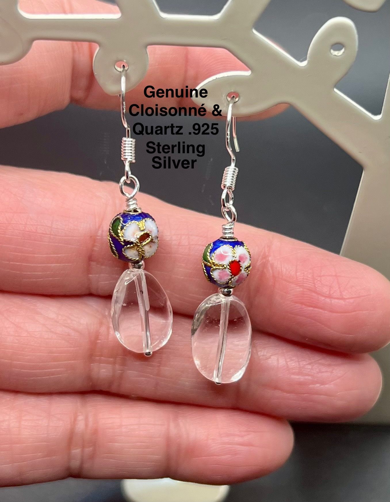 Quartz Genuine Stone & Cloisonné .925 Sterling Silver Earrings