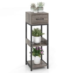 New Costway 3 Tier Wooden Gray Tall Narrow Plant Stand Side Table w/ Drawer & Display Shelves