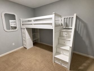 White Wooden Loft Bed with Staircase and Storage (Buyer MUST Disassemble)