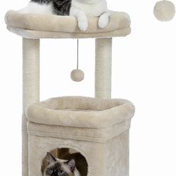 PEQULTI Cat Tree Cat Tower for Indoor Cats with Private Cozy Cat Condo, Natural Sisal Scratching Posts and Plush Pompom for Small Cats,Beige
