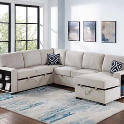 CREAM CONVERTIBLE SECTIONAL WITH PULLOUT AND STORAGE