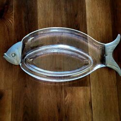 1960s Lucite Fish Shaped Serving Platter With Aluminum Head and Tail 20"×10"