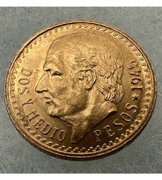 100% Original **1945 Mexico 2.5 Peso Dos y Medio Pesos Uncirculated Gold Coin High Grade. Weight: 1.709 Grams.