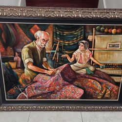 The Carpet Mender & His Daughter Oil Painting Print on Velvet Canvas Framed Arabic Art 47x34
